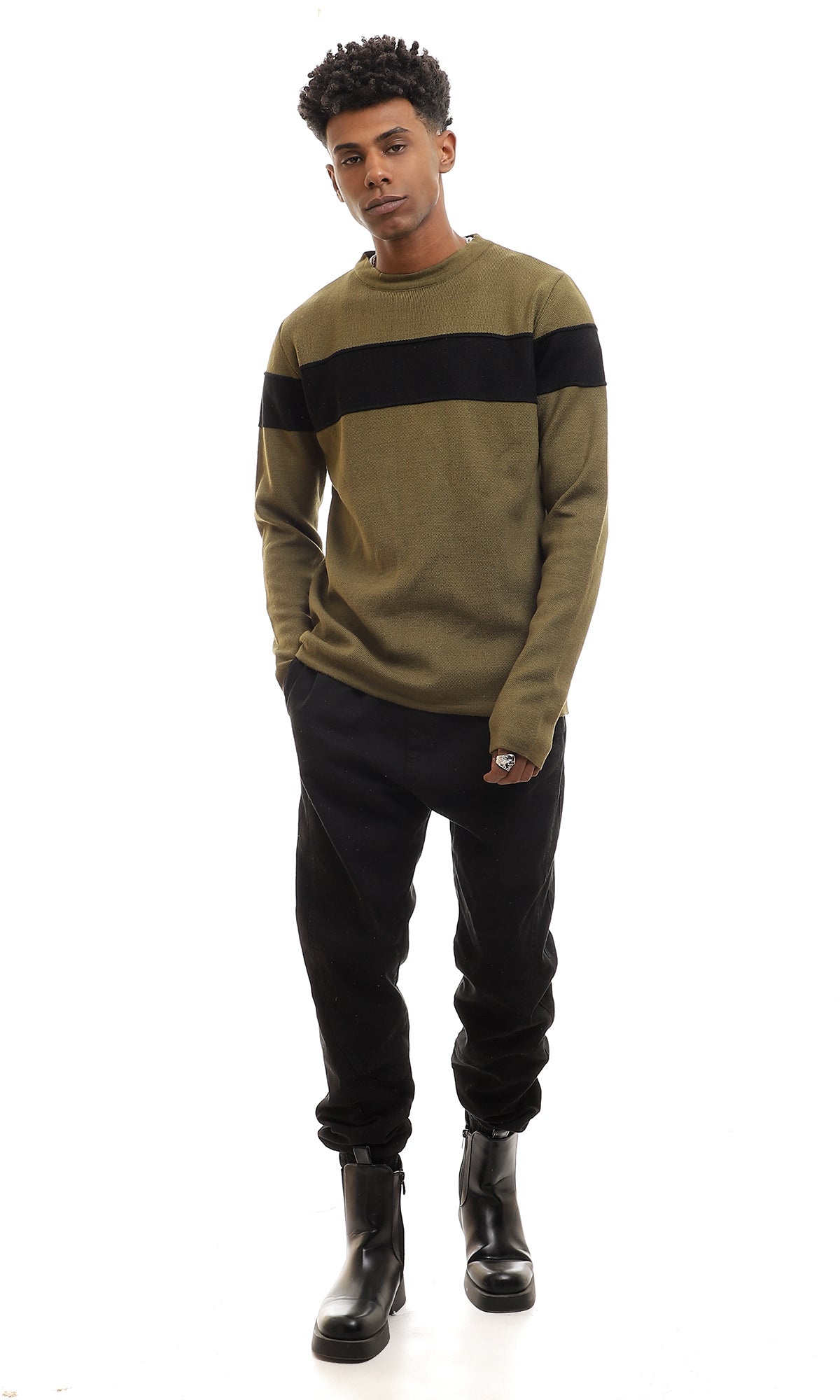 96381 Slip On Bi-Tone Regular Fit Pullover - Olive & Black