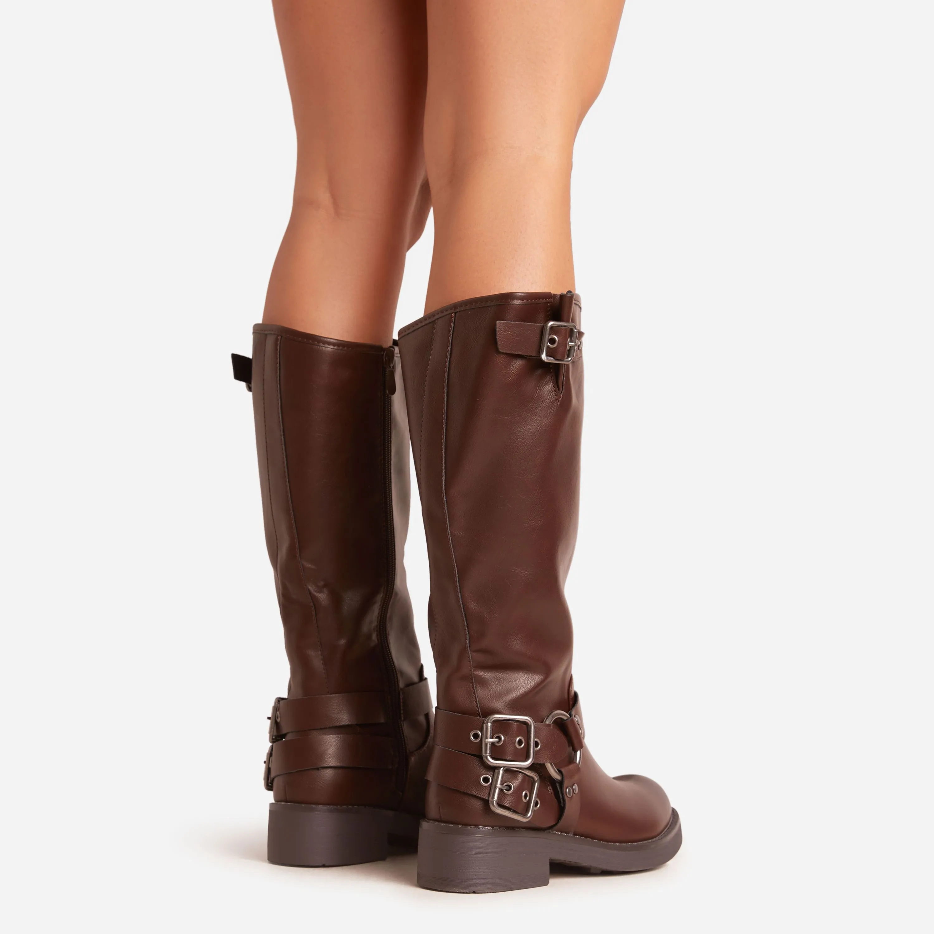 Azura Side Buckle Detail Midi Calf Biker Boot In Dark Brown Faux Leather