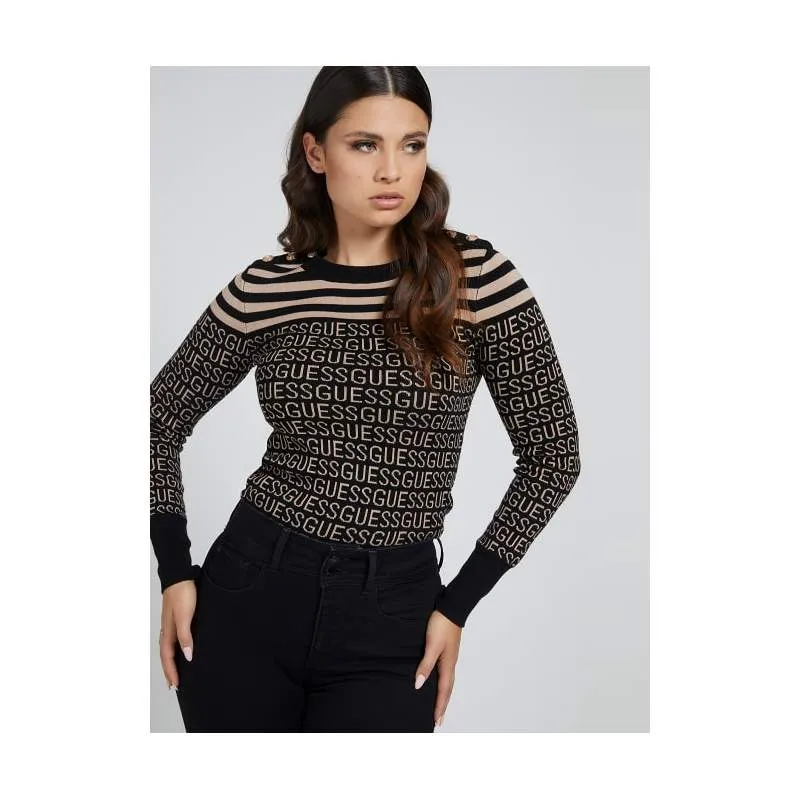 Black jacquard striped Sweater GUESS logo-UNAS1 Guess with discounts-Jacquard Sweaters woman 2021-Leeds