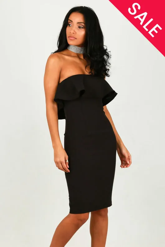 Black Off Shoulder Frill Trim Midi Dress