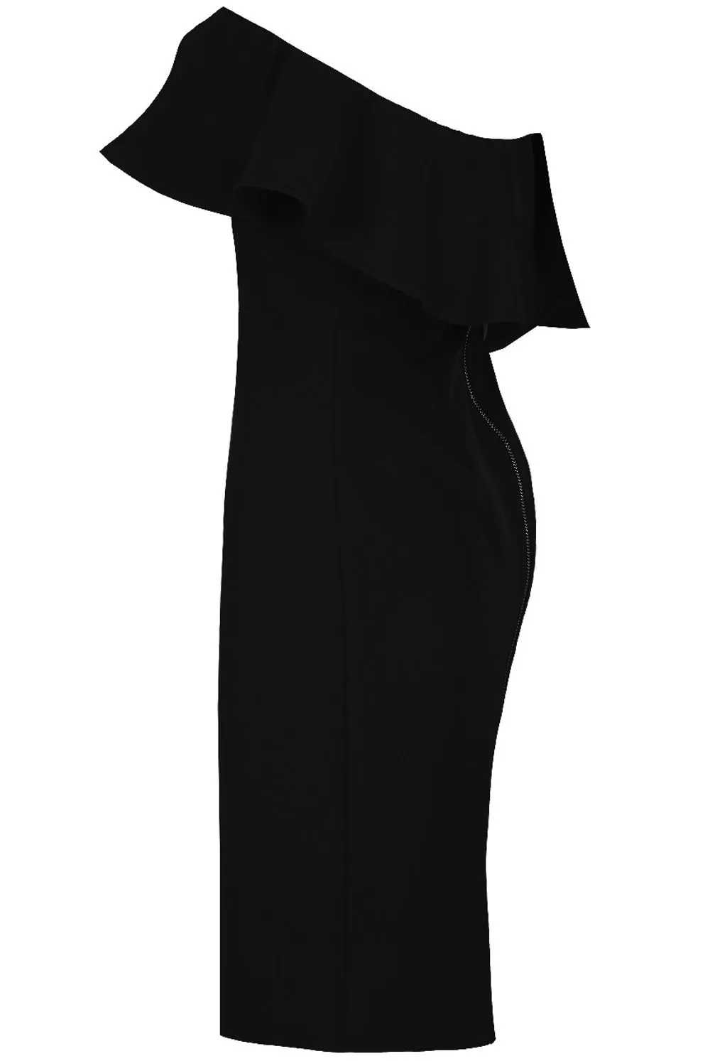 Black Off Shoulder Frill Trim Midi Dress