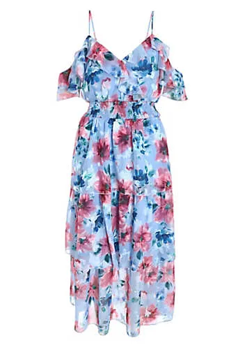 Blue & Pink Floral Chiffon Cold Shoulder Tiered Midi Dress by Quiz | Look Again