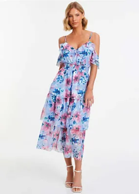 Blue & Pink Floral Chiffon Cold Shoulder Tiered Midi Dress by Quiz | Look Again