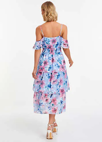 Blue & Pink Floral Chiffon Cold Shoulder Tiered Midi Dress by Quiz | Look Again