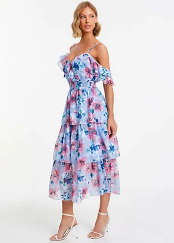 Blue & Pink Floral Chiffon Cold Shoulder Tiered Midi Dress by Quiz | Look Again