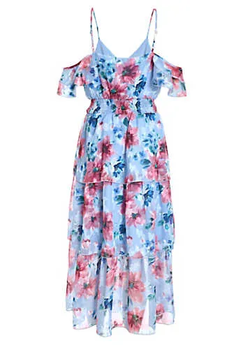 Blue & Pink Floral Chiffon Cold Shoulder Tiered Midi Dress by Quiz | Look Again