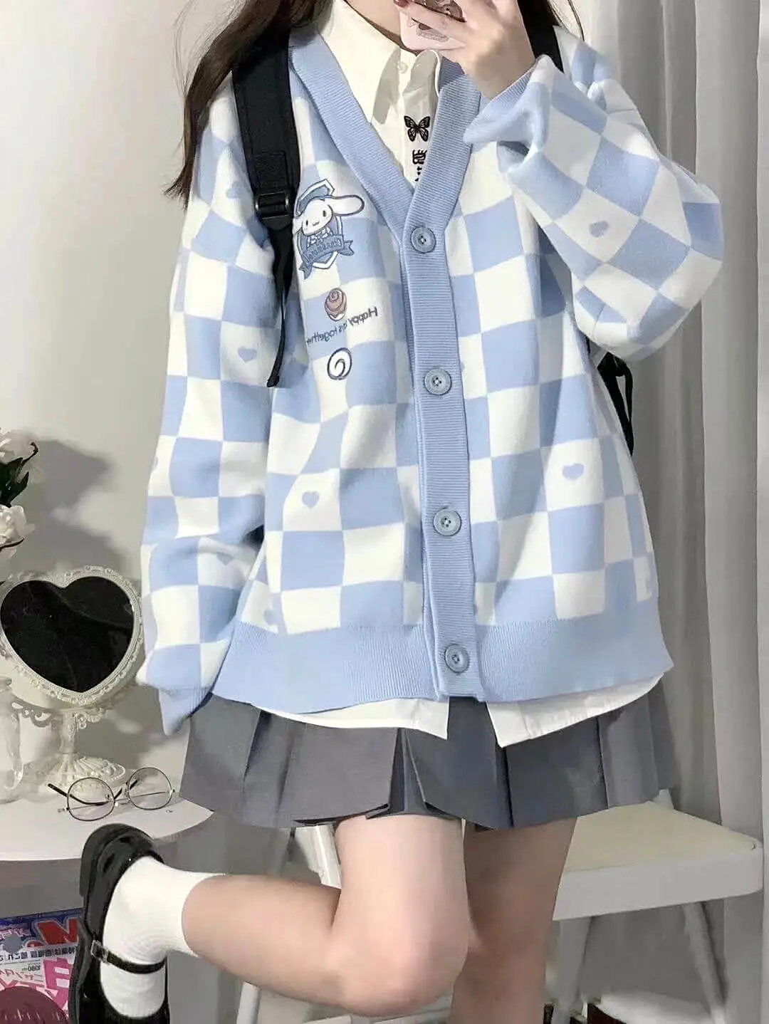 BLUE AND WHITE Chessboard sweater cardigan by6212