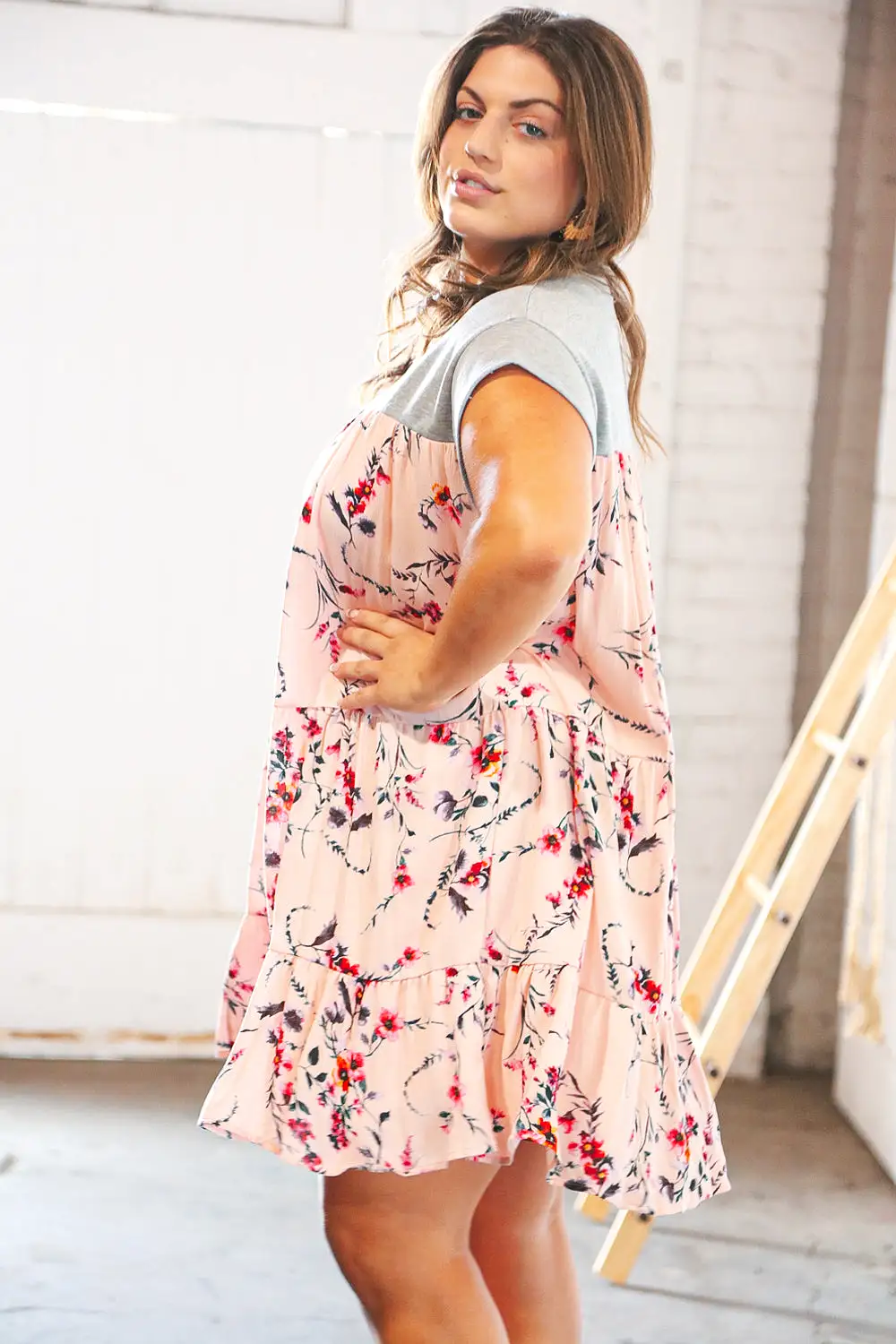 Blush Floral Crinkle Rayon & Terry Babydoll Tiered Dress