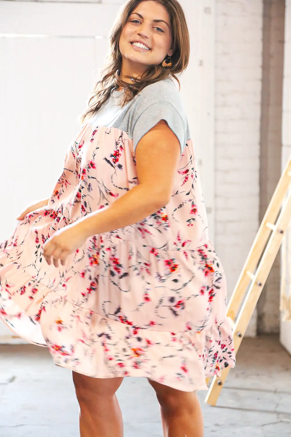 Blush Floral Crinkle Rayon & Terry Babydoll Tiered Dress