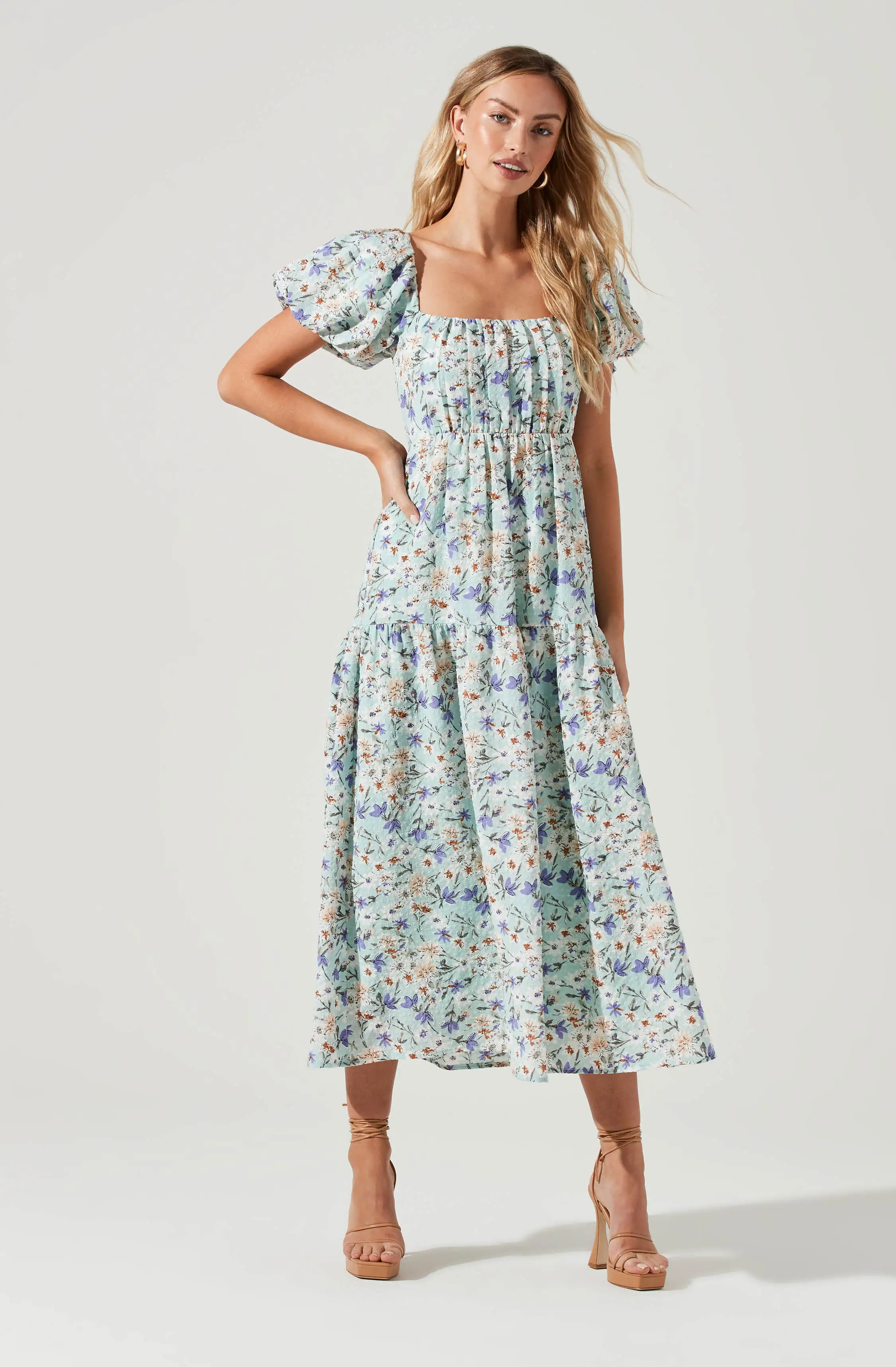 Bubble Sleeve Floral Tiered Midi Dress