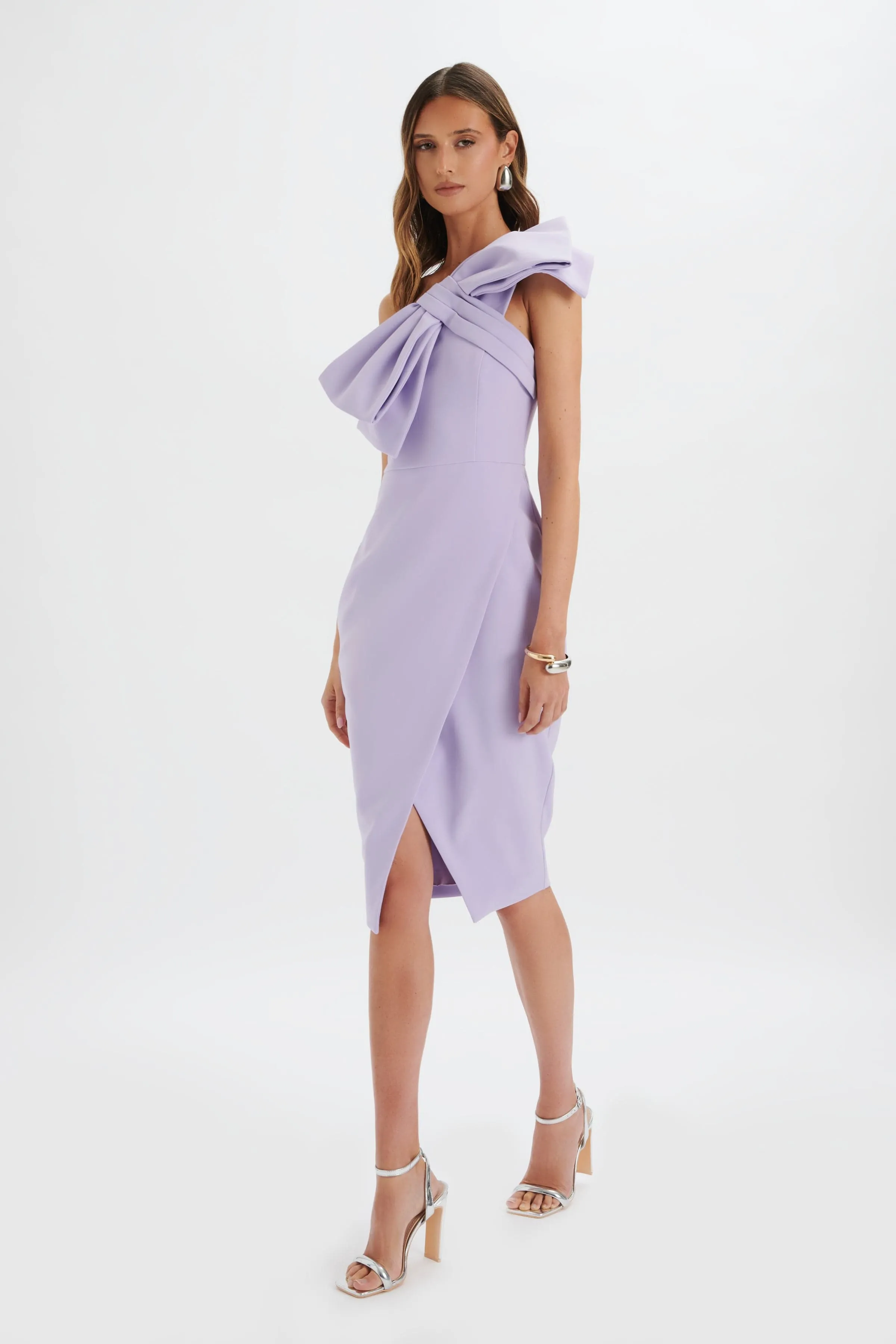 CAMERON One Shoulder Statement Bow Midi Dress in Lilac