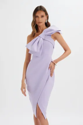 CAMERON One Shoulder Statement Bow Midi Dress in Lilac