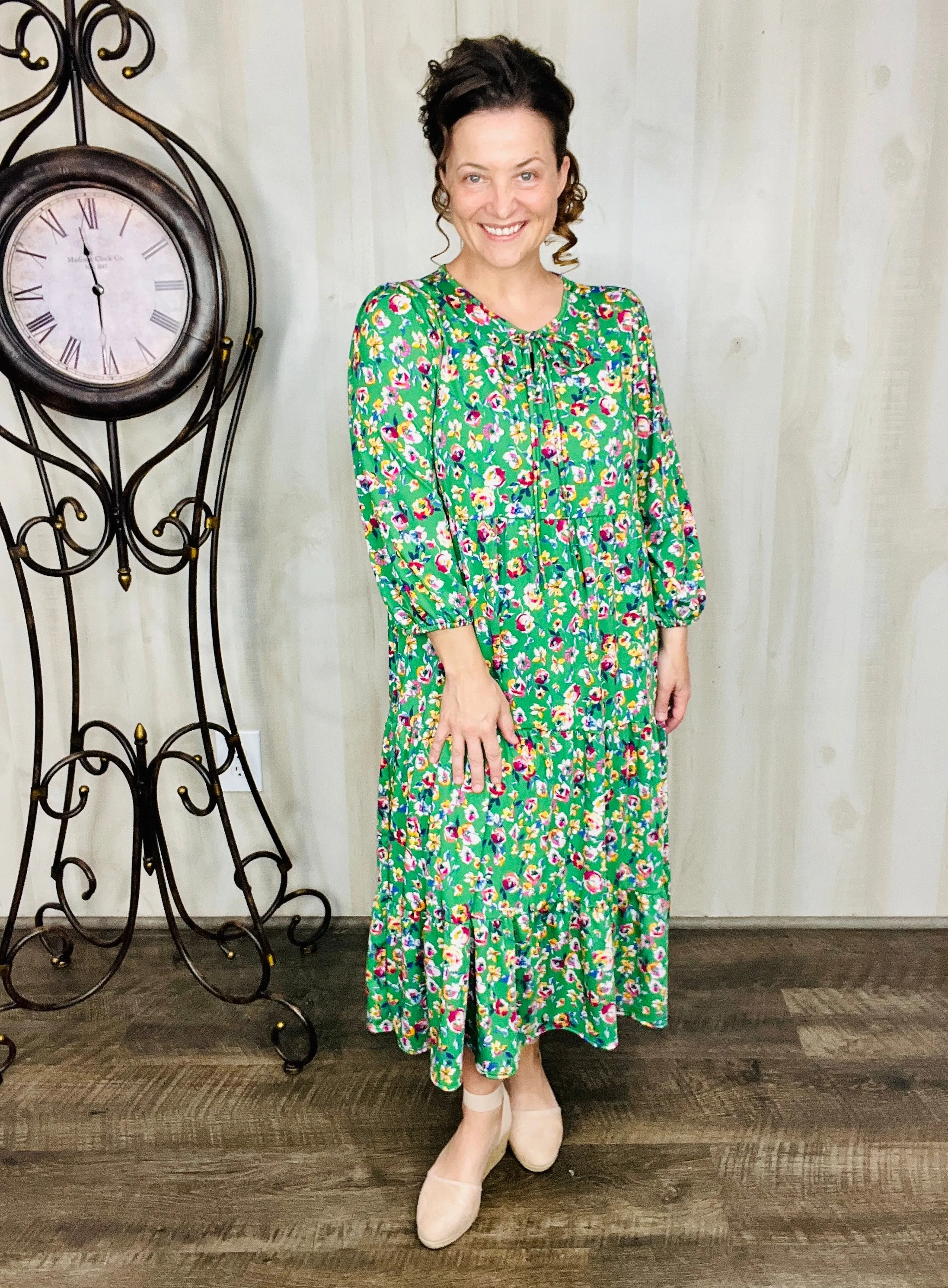 Cassie Marie Tiered Boho Style Dress-Green Floral