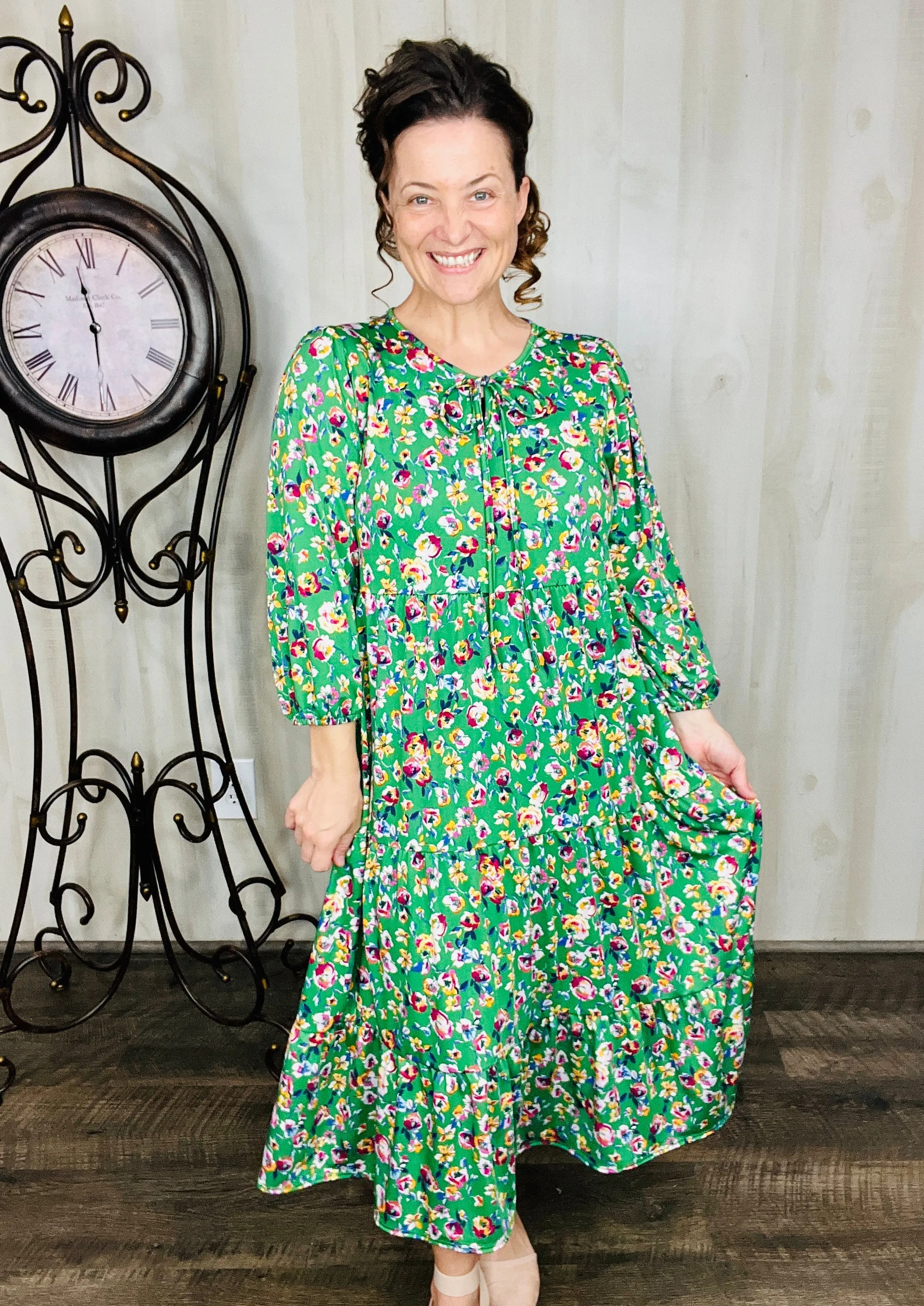 Cassie Marie Tiered Boho Style Dress-Green Floral