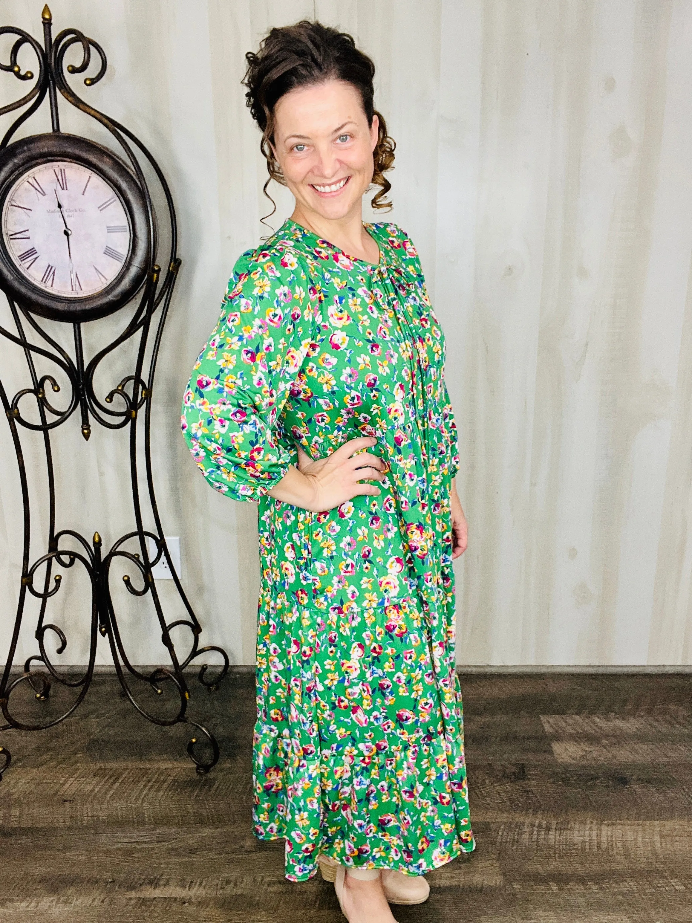 Cassie Marie Tiered Boho Style Dress-Green Floral