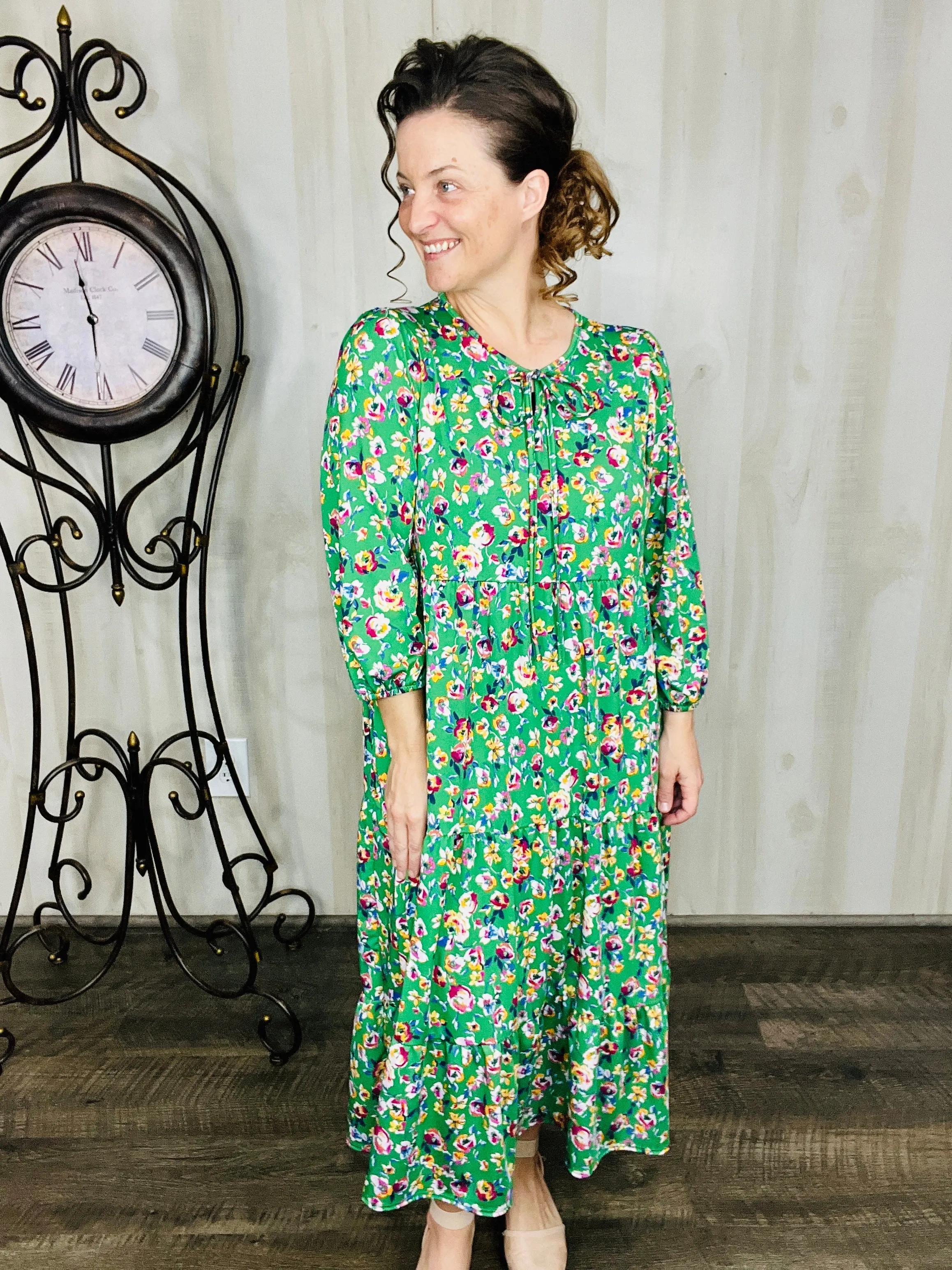 Cassie Marie Tiered Boho Style Dress-Green Floral