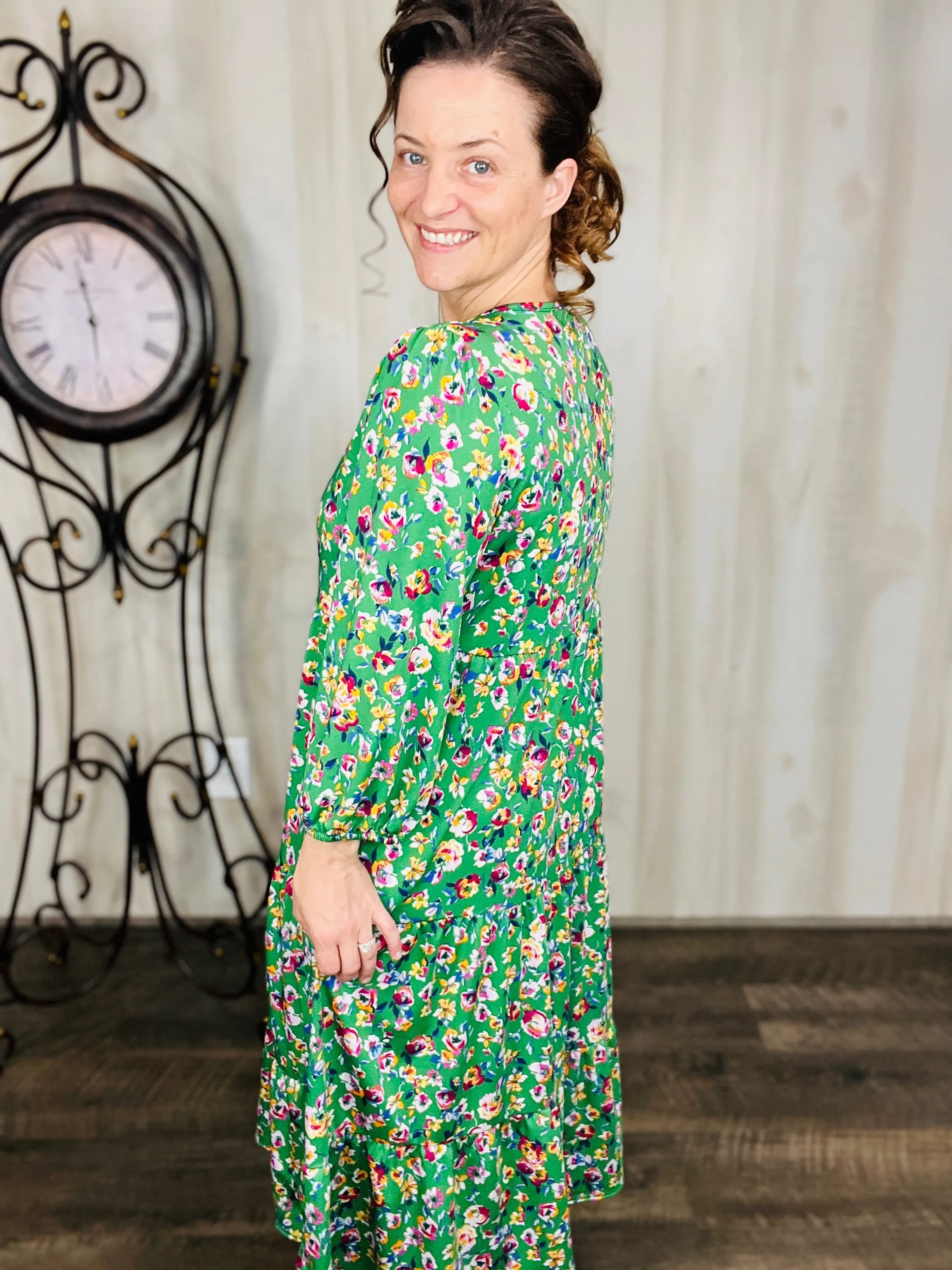 Cassie Marie Tiered Boho Style Dress-Green Floral