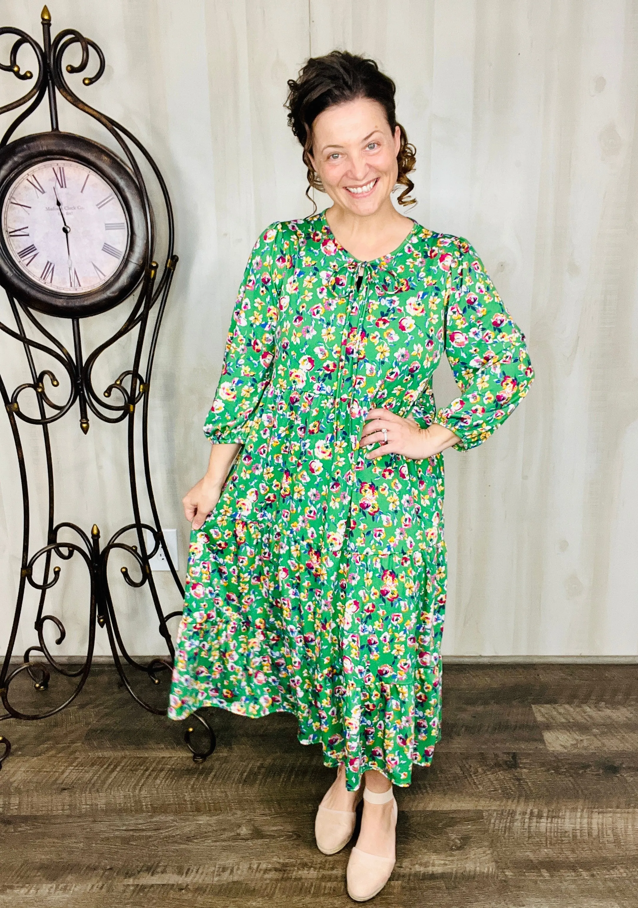 Cassie Marie Tiered Boho Style Dress-Green Floral