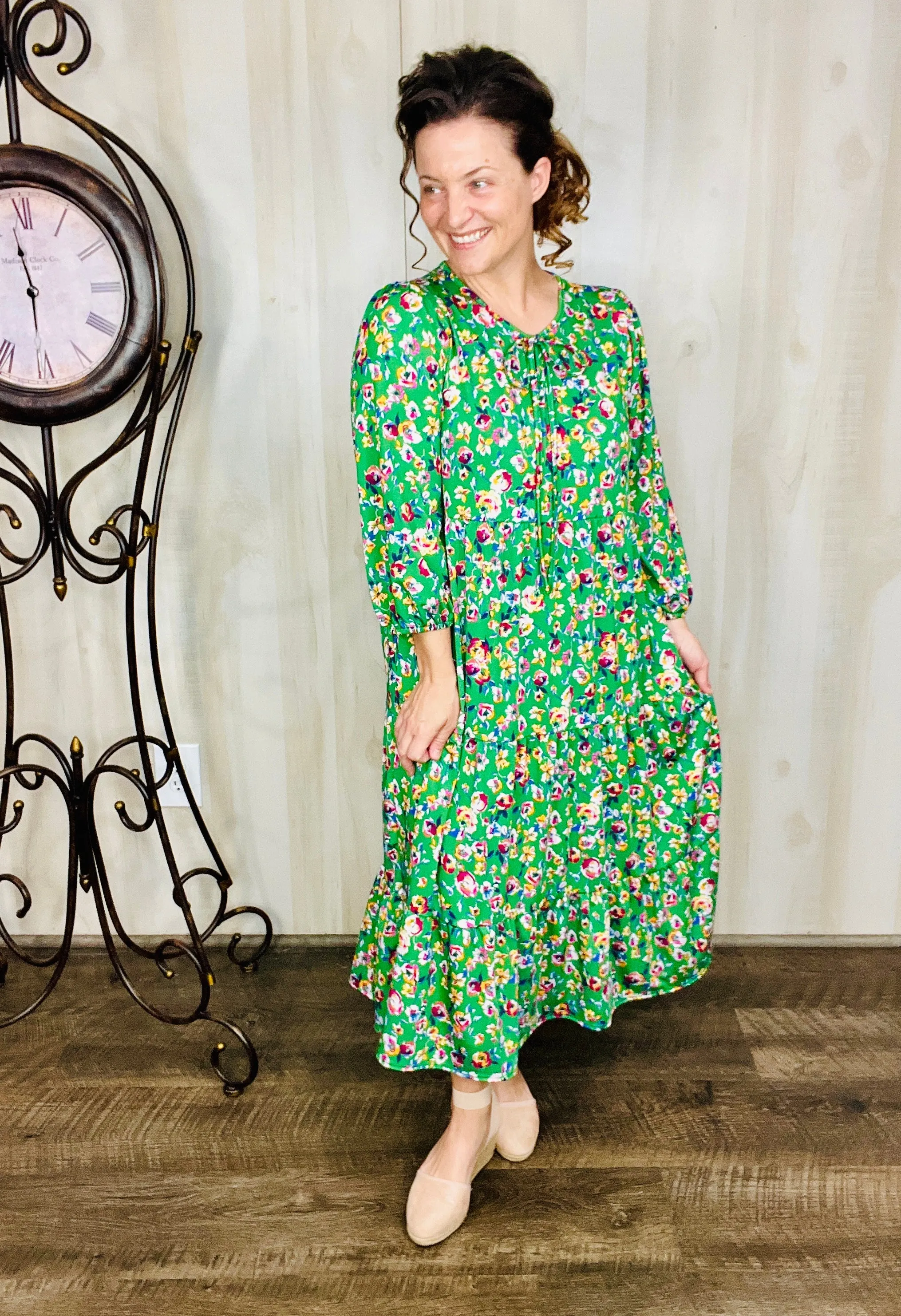 Cassie Marie Tiered Boho Style Dress-Green Floral