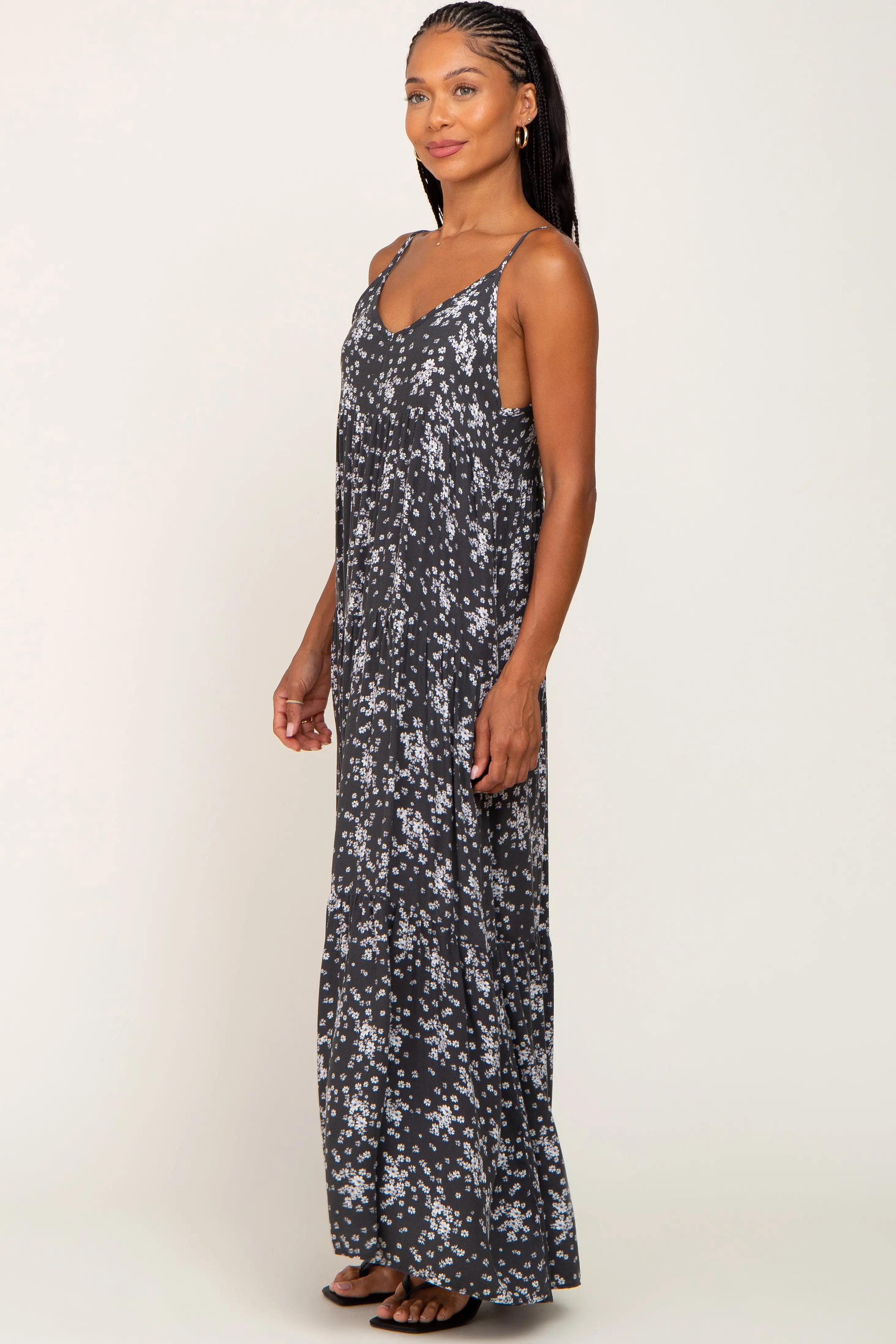 Charcoal Floral Sleeveless Tiered Maxi Dress