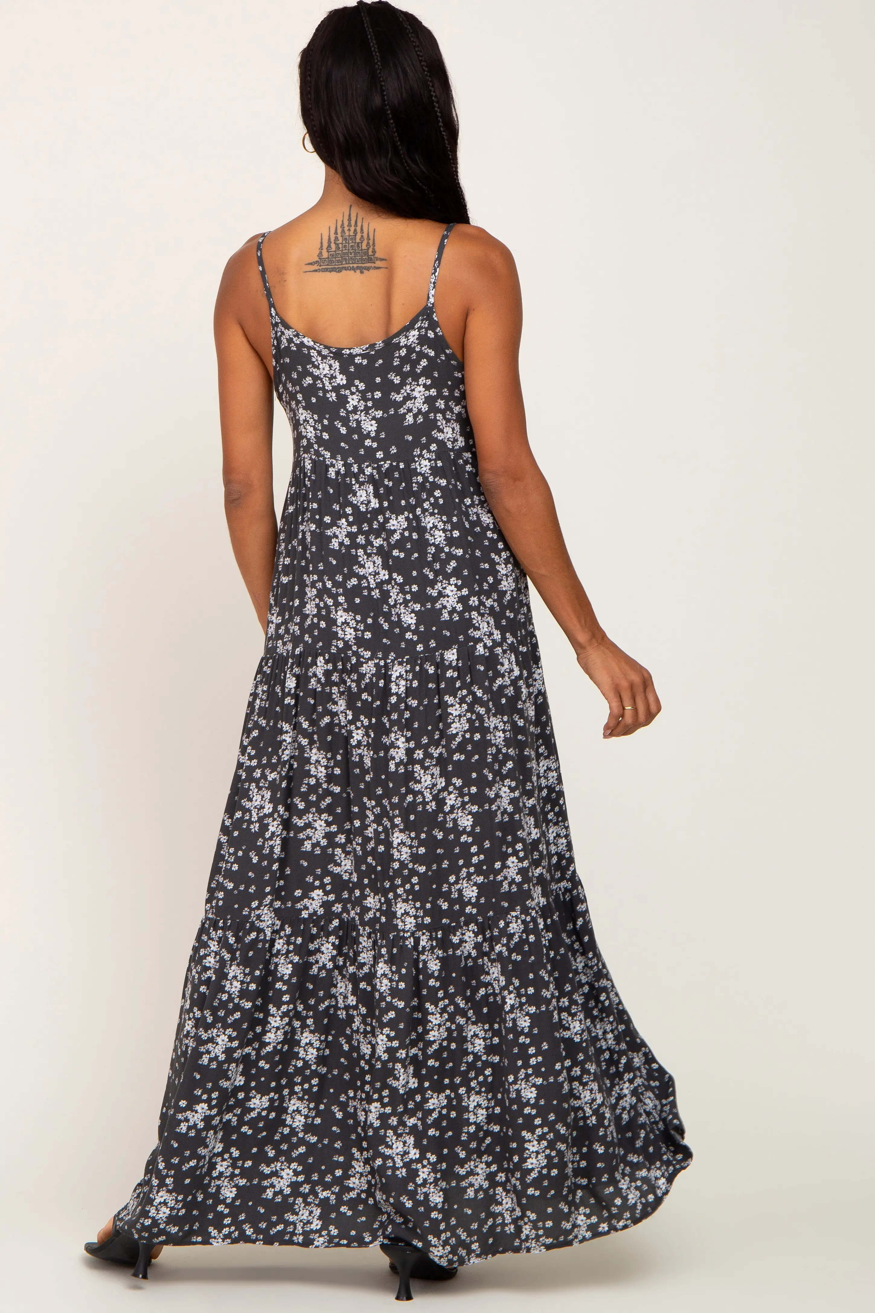 Charcoal Floral Sleeveless Tiered Maxi Dress