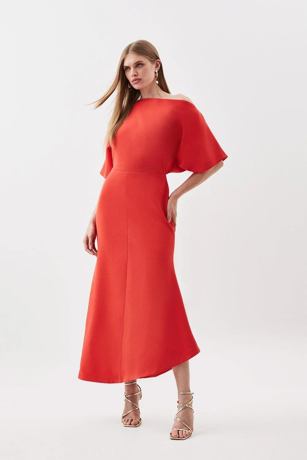 Compact Stretch Off Shoulder Short Sleeve Tailored Midi Dress | Karen Millen