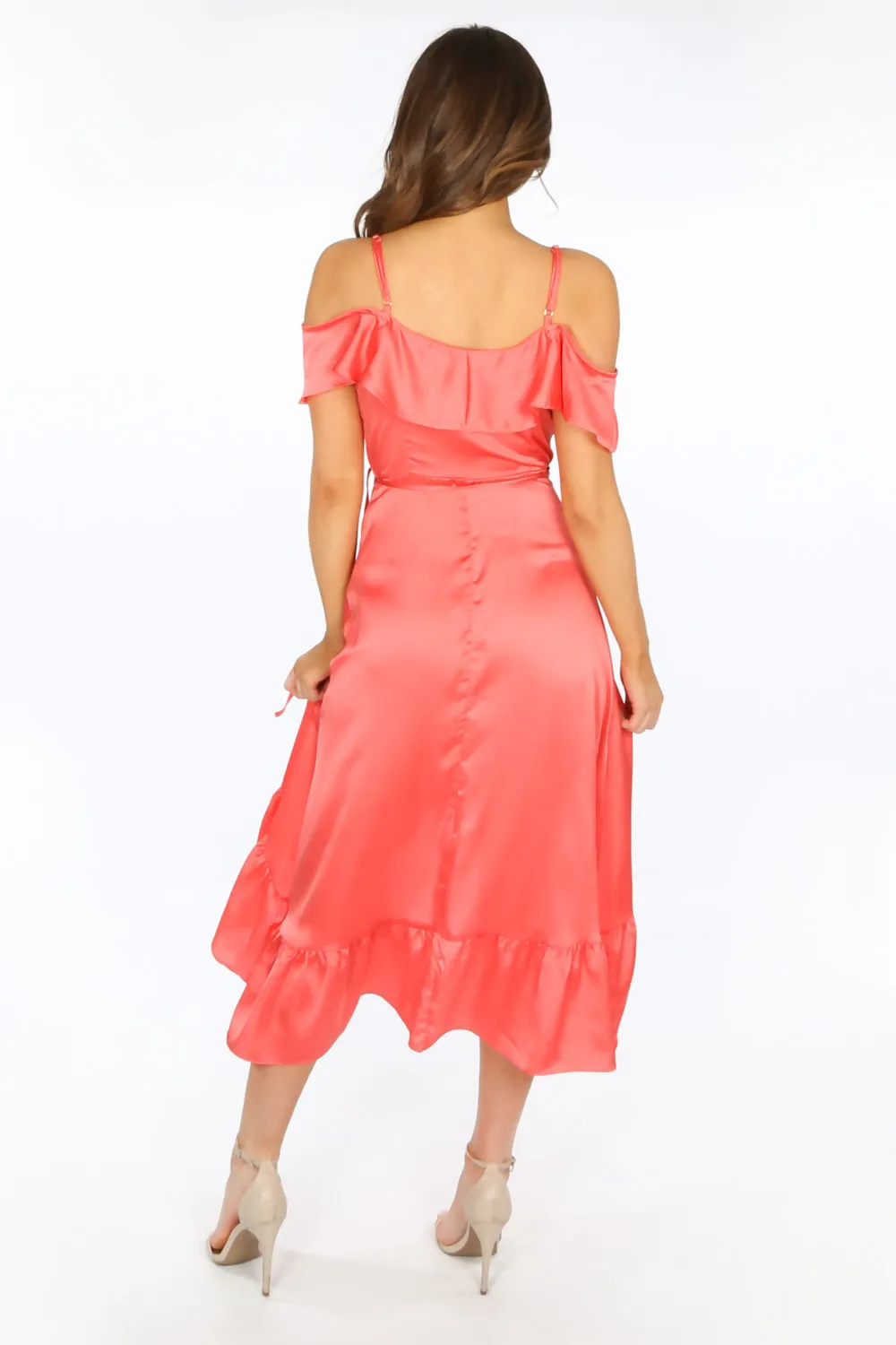 Coral Cold Shoulder Satin Midi Wrap Dress