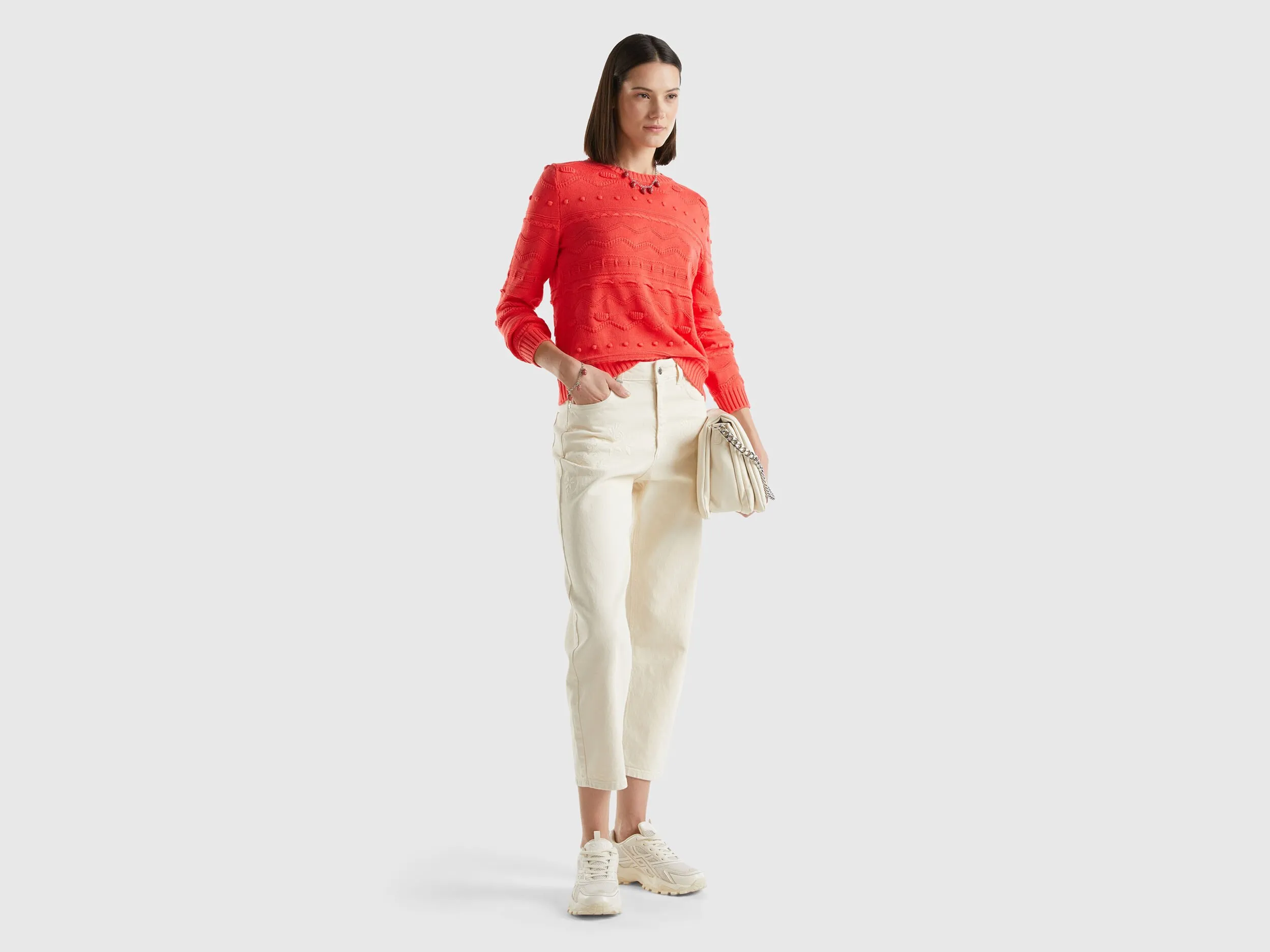 Coral red knitted sweater - Red Coral | Benetton