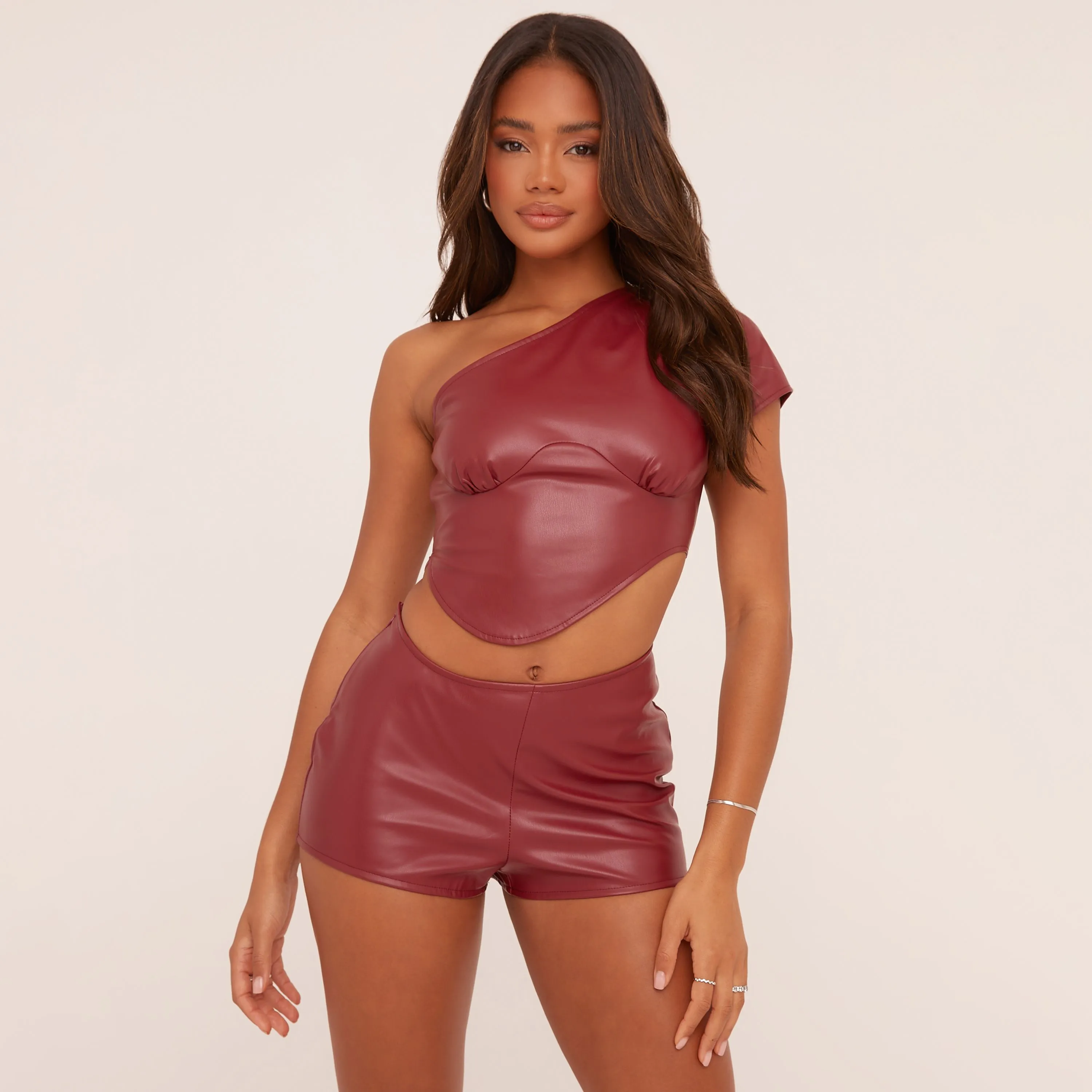 Curved Waistband Shorts In Burgundy Faux Leather