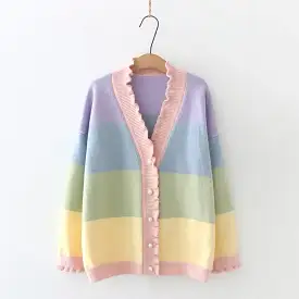 Cute rainbow stripe v-collar cardigan sweater BY7001