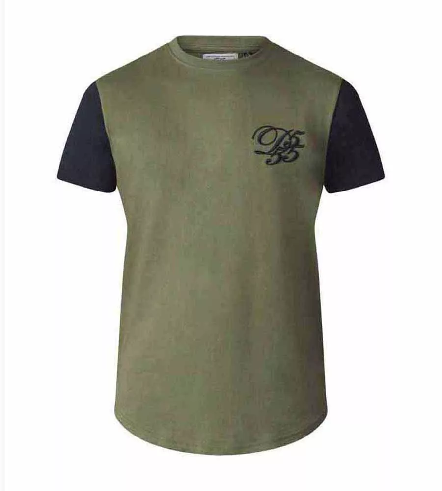 D555 Tall Mens Couture T-Shirt With Curved Hem, Contrast Sleeves And Chest Embroidery (DEMARCUS KHAKI)