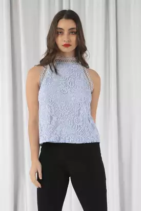 Double Second Blue Halter Neck Lace Top