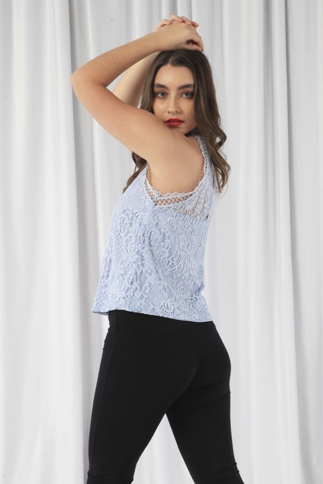 Double Second Blue Halter Neck Lace Top