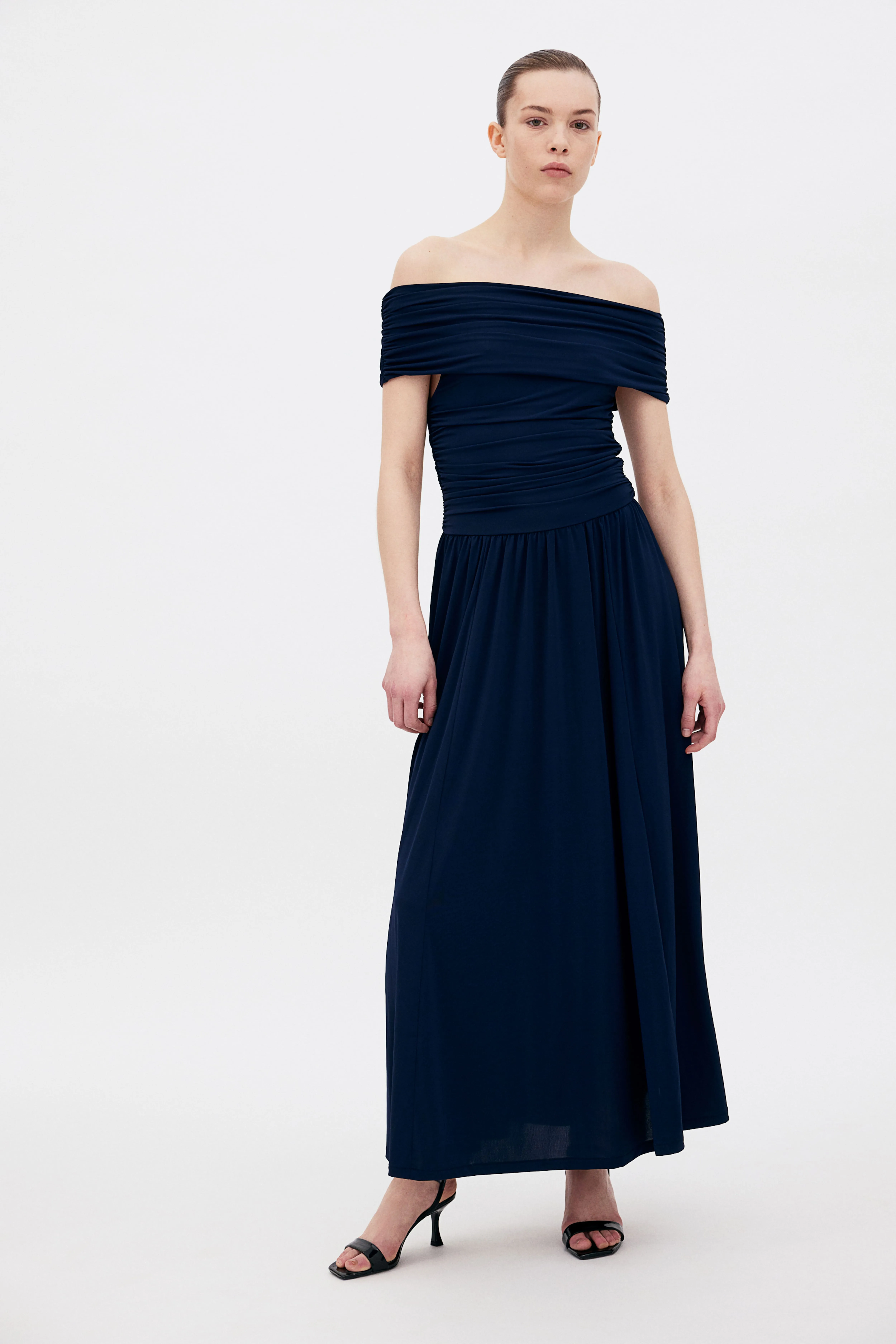 Draped off-the-shoulder dress - Sleeveless - Midi - Navy blue - Ladies | H&M GB