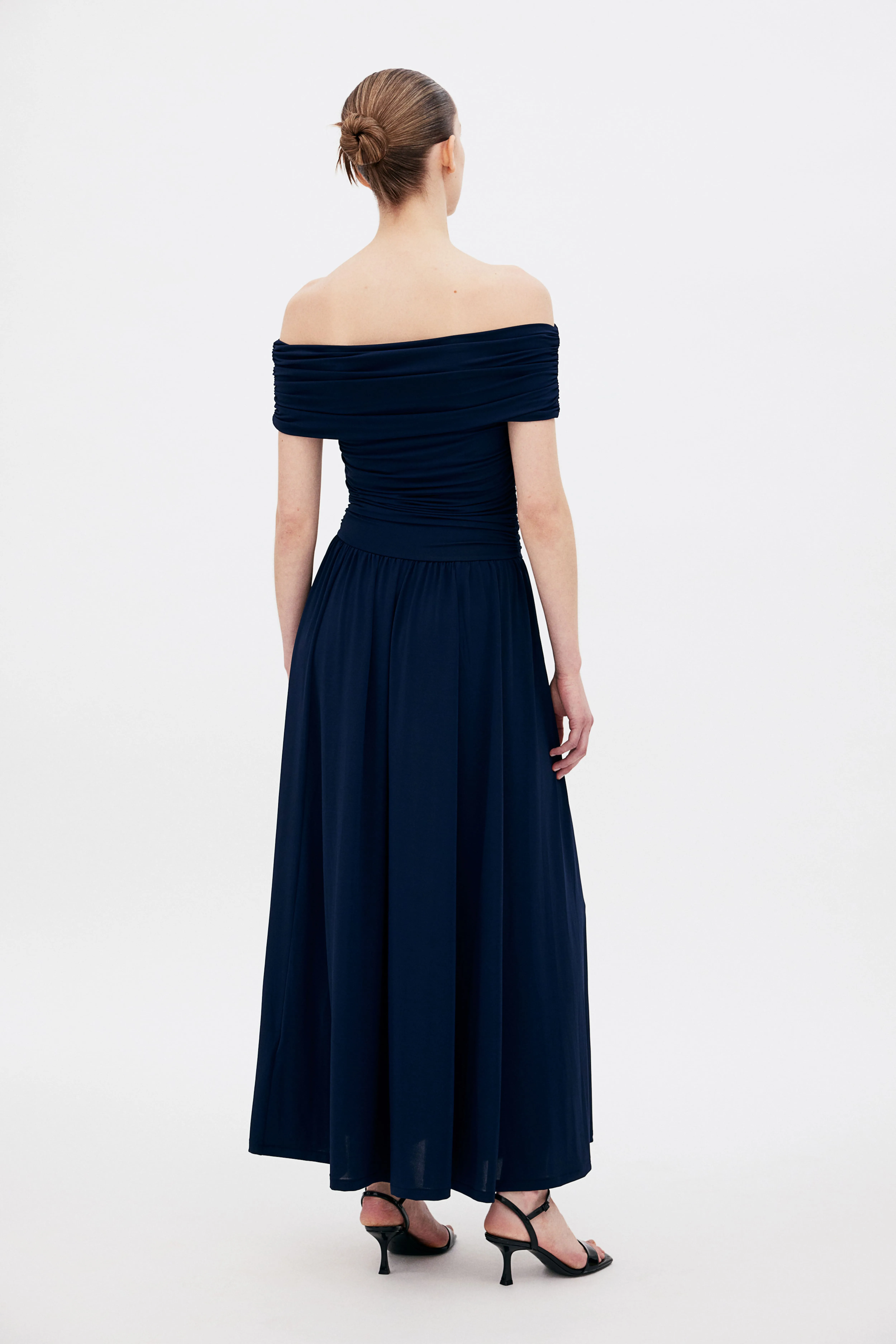 Draped off-the-shoulder dress - Sleeveless - Midi - Navy blue - Ladies | H&M GB