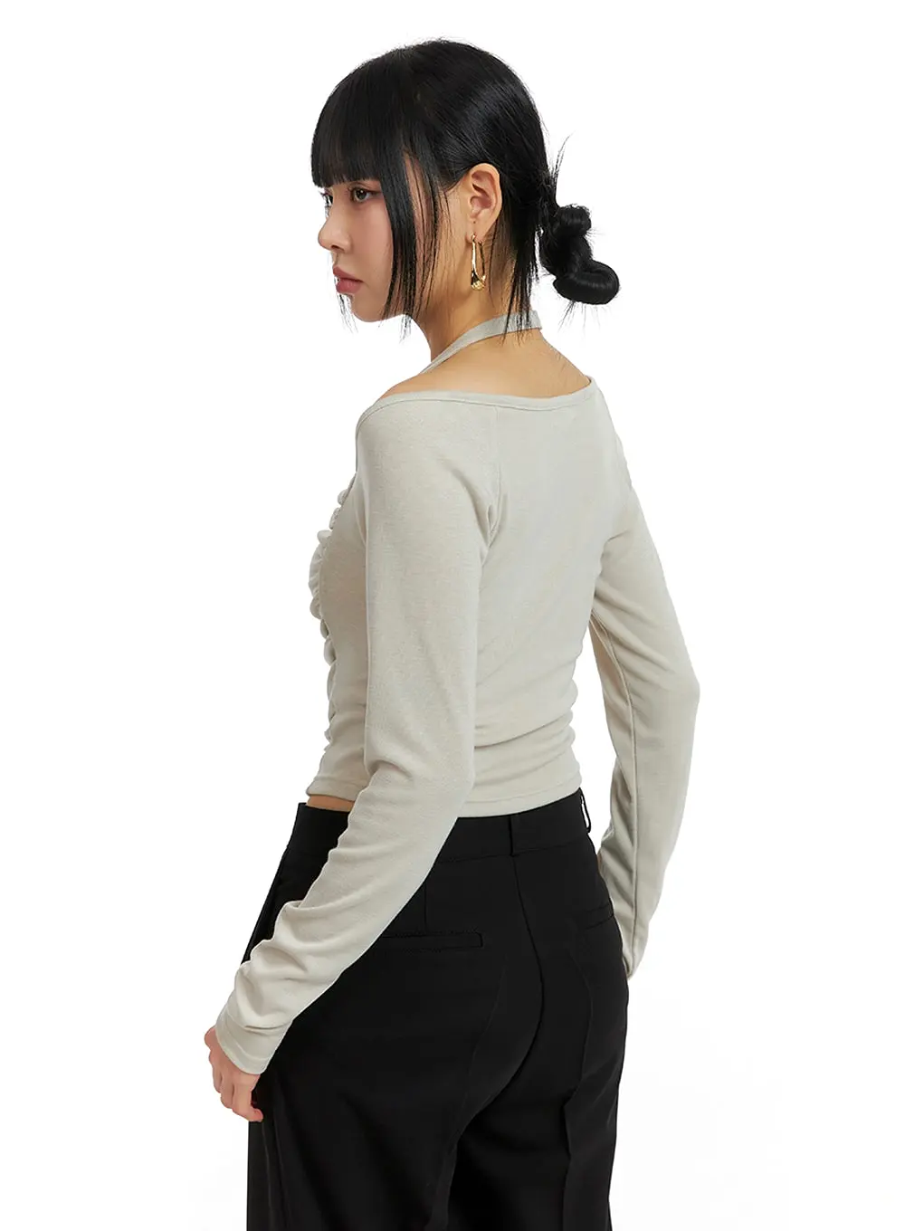 Drawstring Halter Ruched Long Sleeve Top IM414