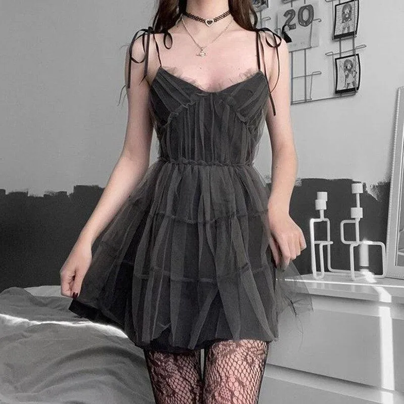 Elegant Gothic Vintage Patchwork Mesh Lace-up High Waist Dress for Alt Fashion