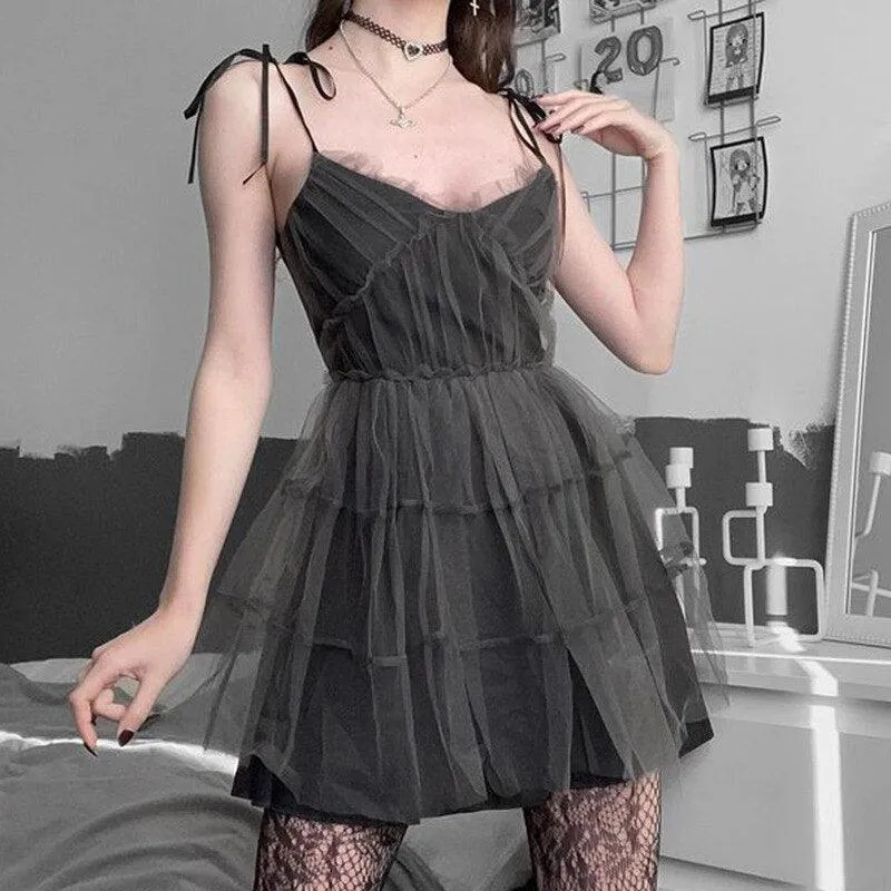 Elegant Gothic Vintage Patchwork Mesh Lace-up High Waist Dress for Alt Fashion