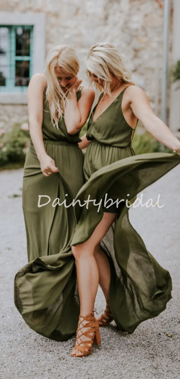 Elegant Simple V-neck Sleeveless Side Slit Chiffon Wedding Party Dresses Long Bridesmaid Dresses.DB10703