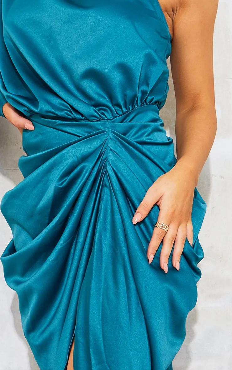 Emerald Green Satin One Shoulder Draped Midi Dress