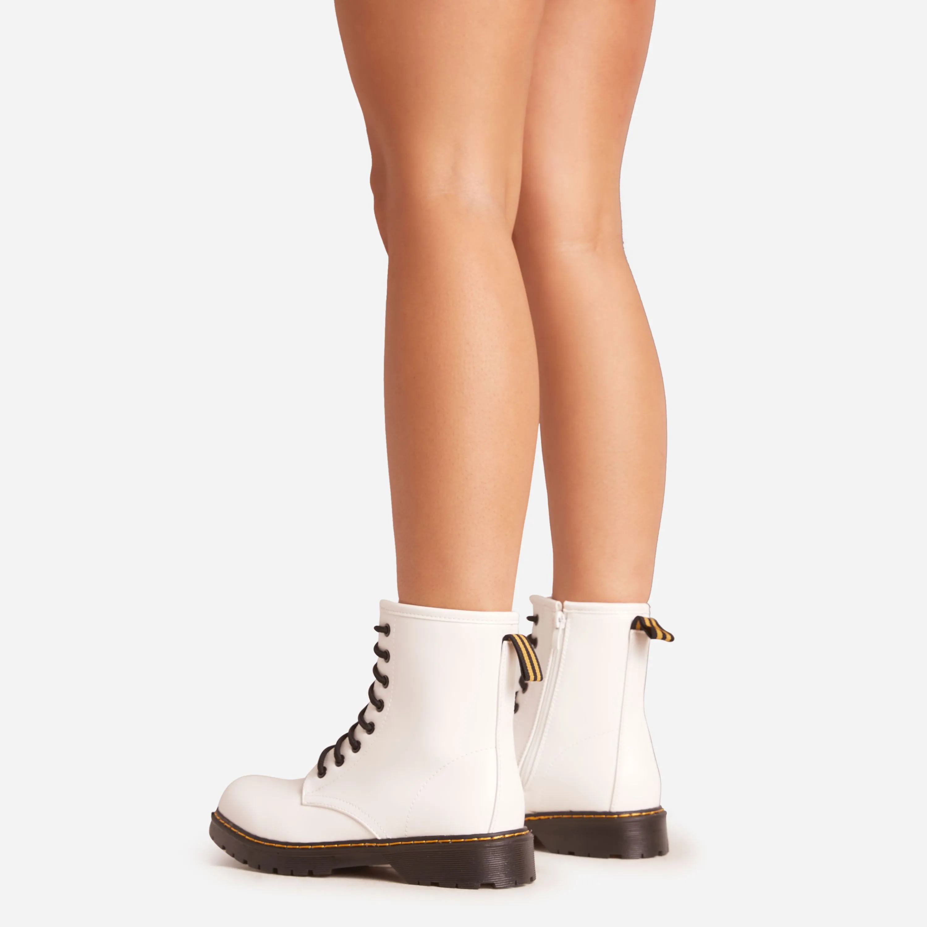 Emerie Lace Up Contrast Stitch Detail Chunky Ankle Biker Boot In White Faux Leather