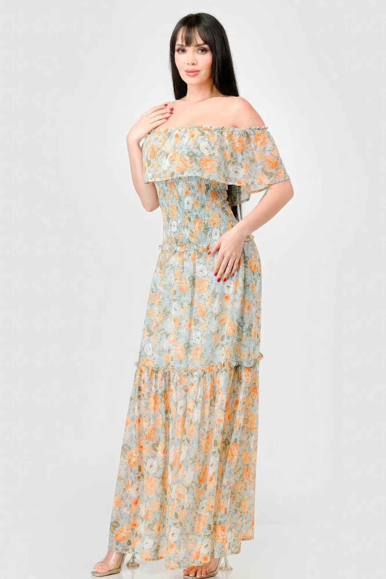 Floral Chiffon Off Shoulder Smocked Back Ruffled Tiered Maxi Dress