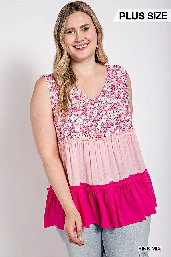 Floral Color Block Ruffle Detail Tiered V-neck Top