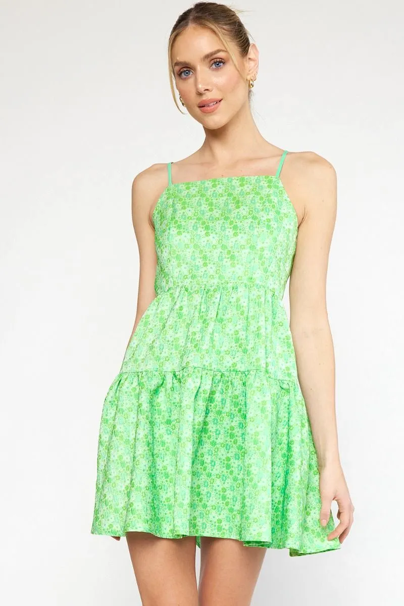 Floral Jacquard Tiered Mini Dress - Green