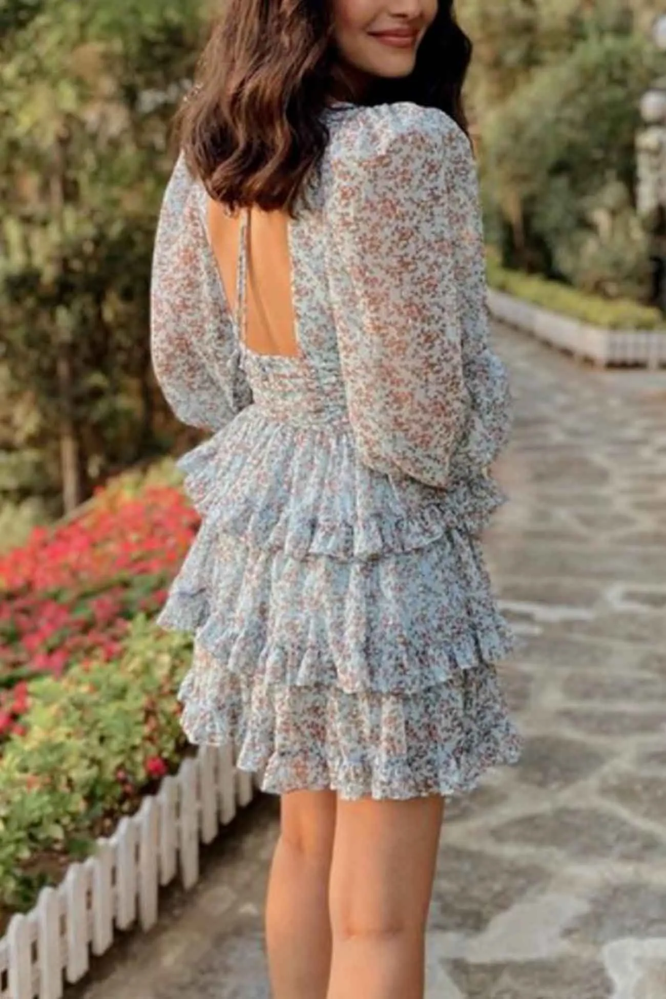 Floral Printed V Neck Backless Tiered Dress