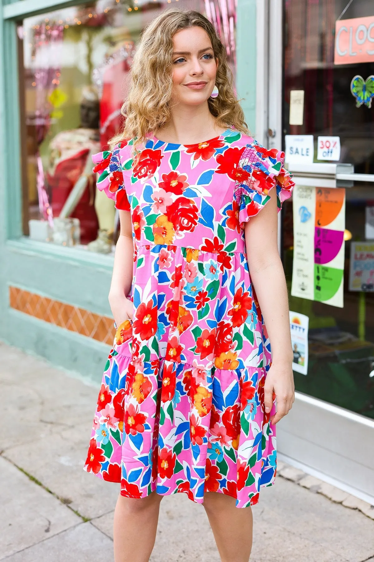 Floral Smocked Ruffle Sleeve Tiered Dress