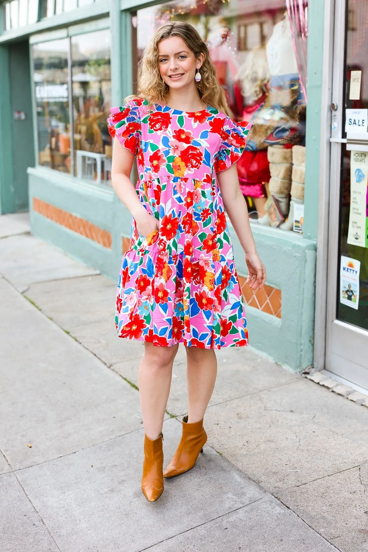 Floral Smocked Ruffle Sleeve Tiered Dress