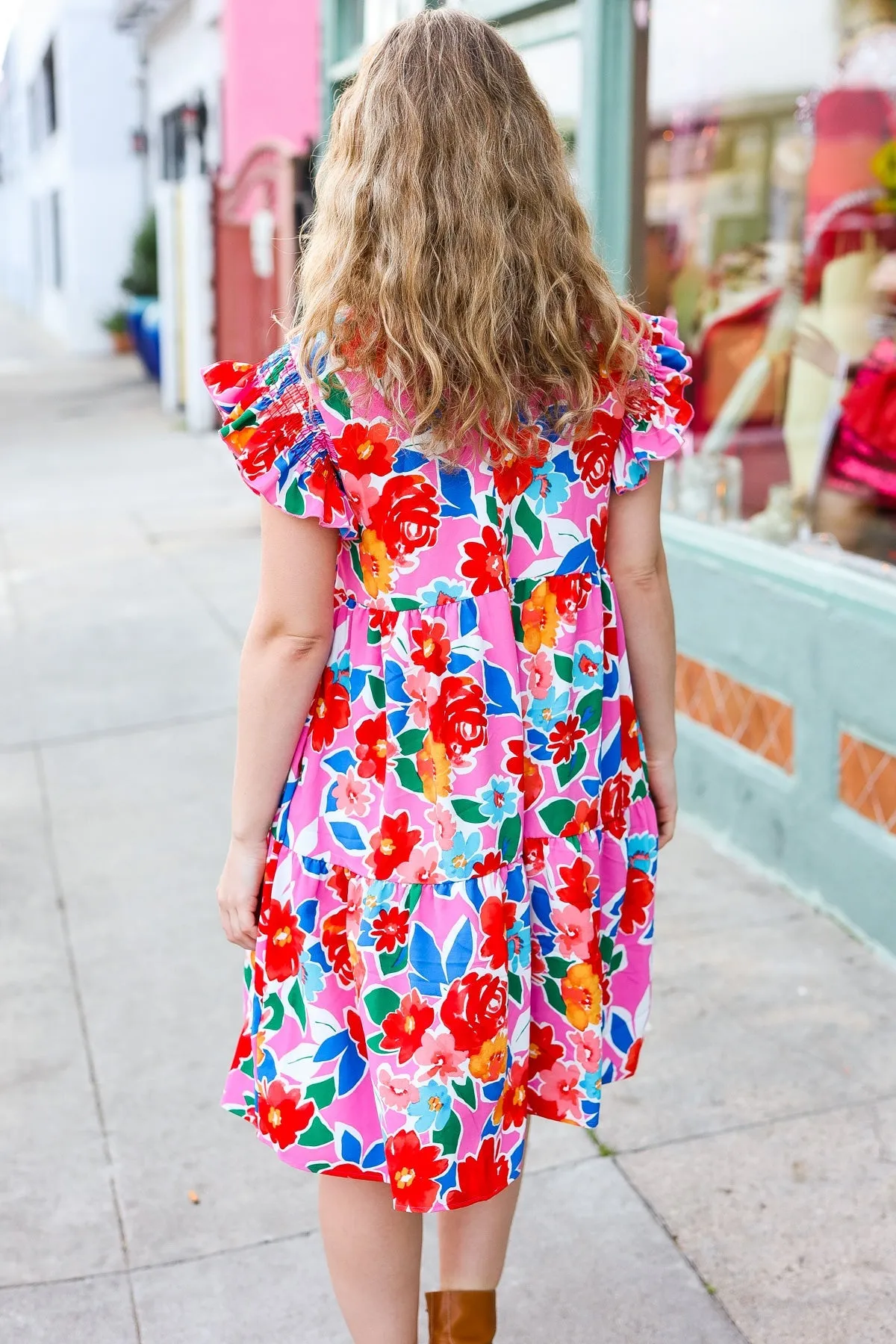 Floral Smocked Ruffle Sleeve Tiered Dress