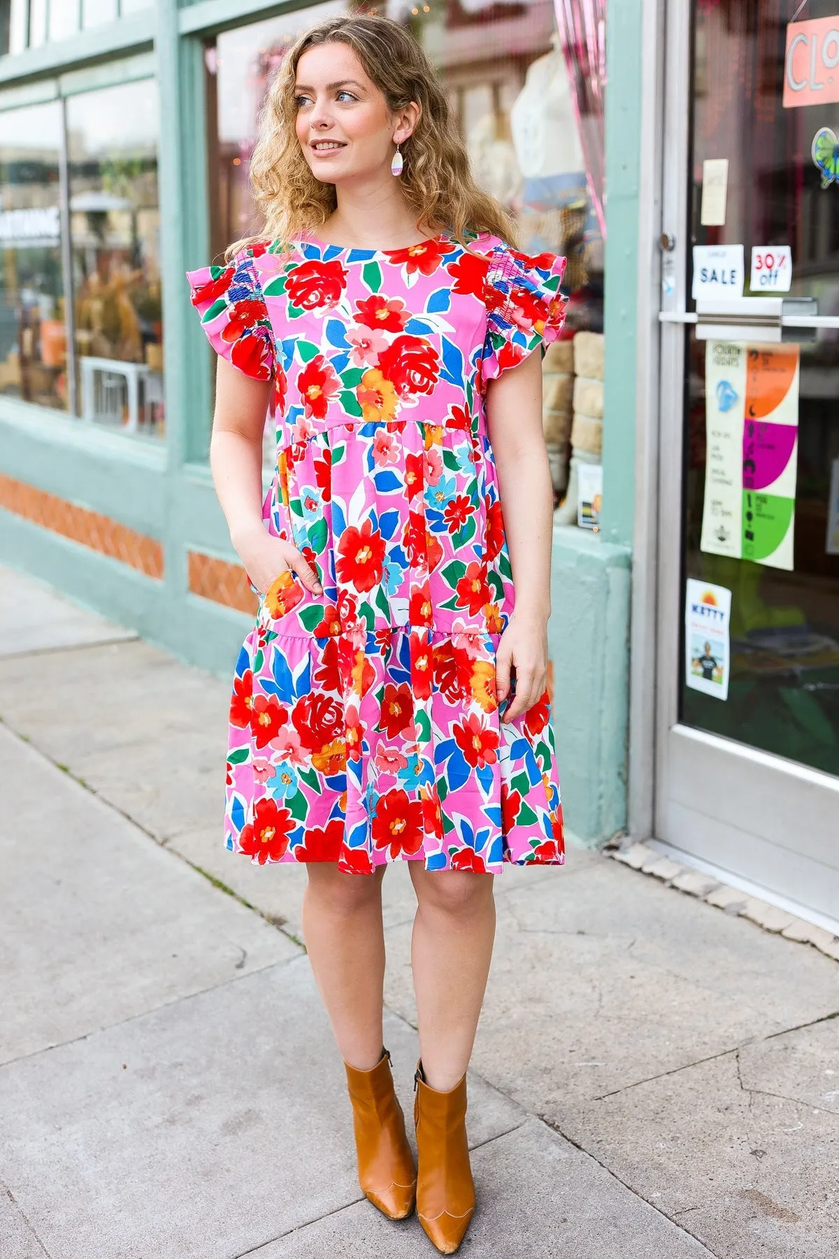 Floral Smocked Ruffle Sleeve Tiered Dress