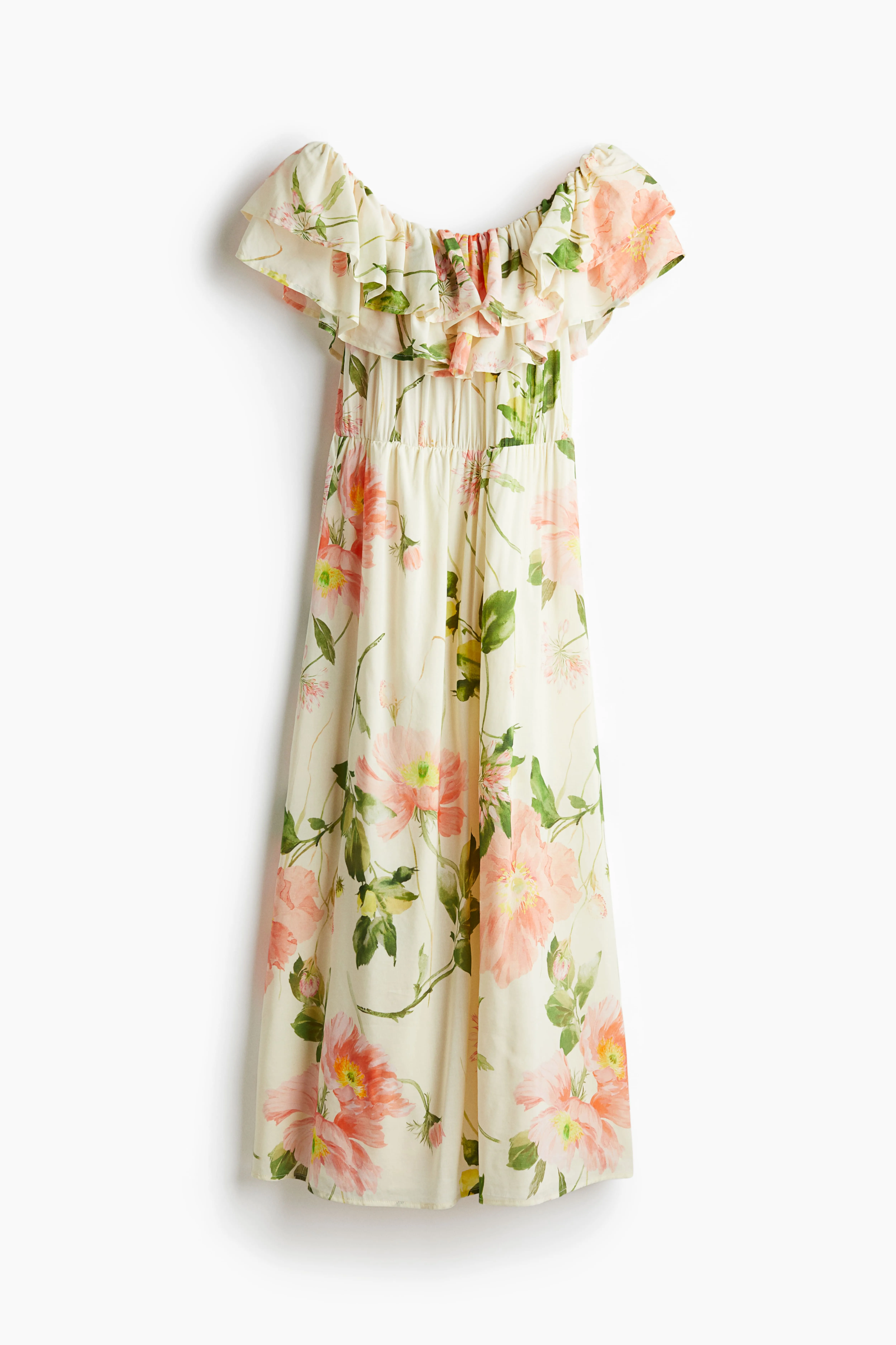 Flounced off-the-shoulder dress - Short sleeve - Midi - Cream/Floral - Ladies | H&M GB